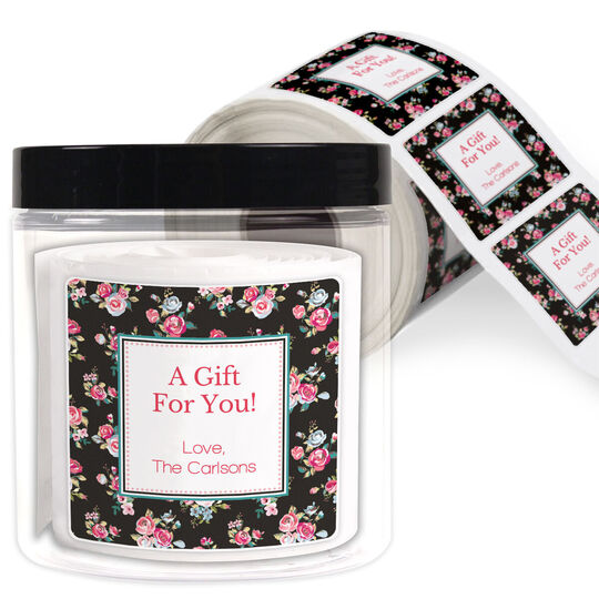 Black Vintage Petite Roses Square Gift Stickers in a Jar